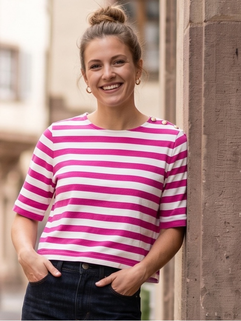 J. Crew Pink & White Bold Striped SS Top with Gold Button Shoulder Detail